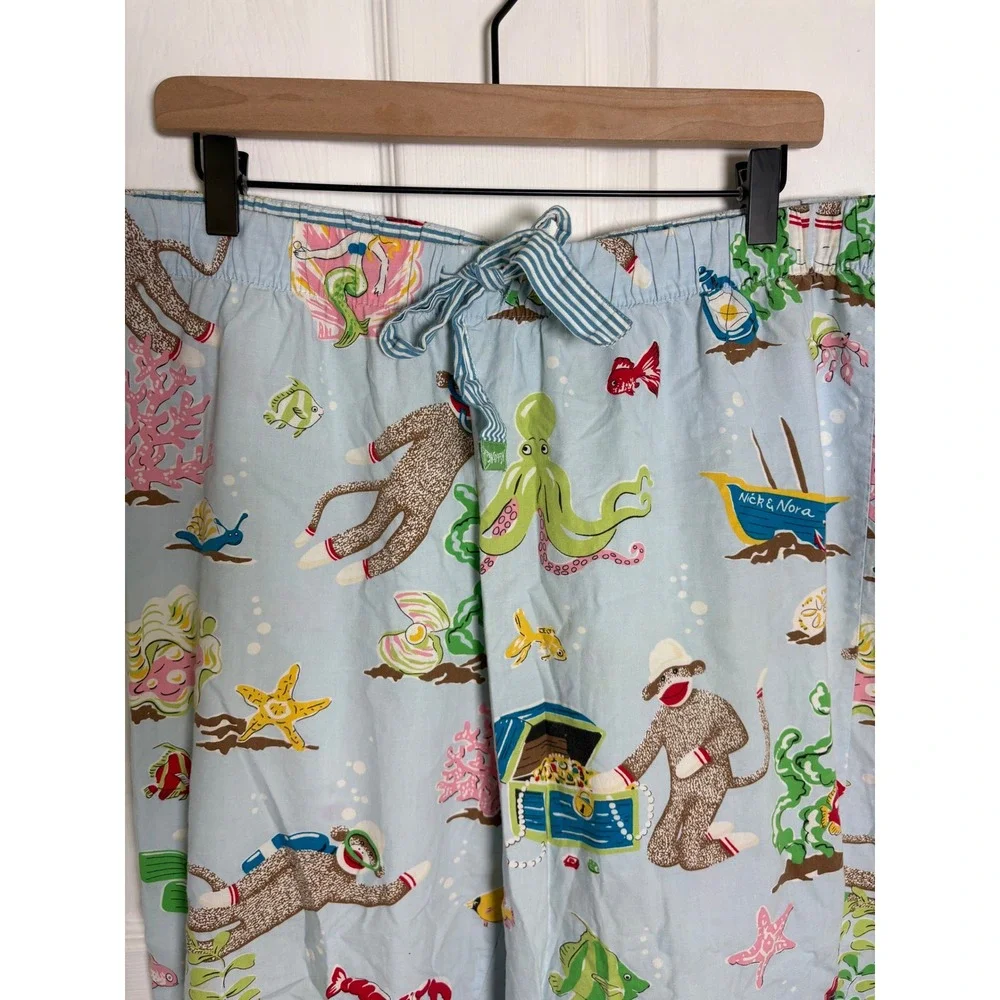 Nick & Nora Sock Monkey Under the Sea Scuba Pajama Pants Blue Cotton Women Large